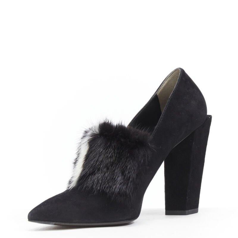 FENDI escarpins à talons épais en daim noir et blanc avec bouts avant en fourrure de vison EU37,5 Pour femmes en vente