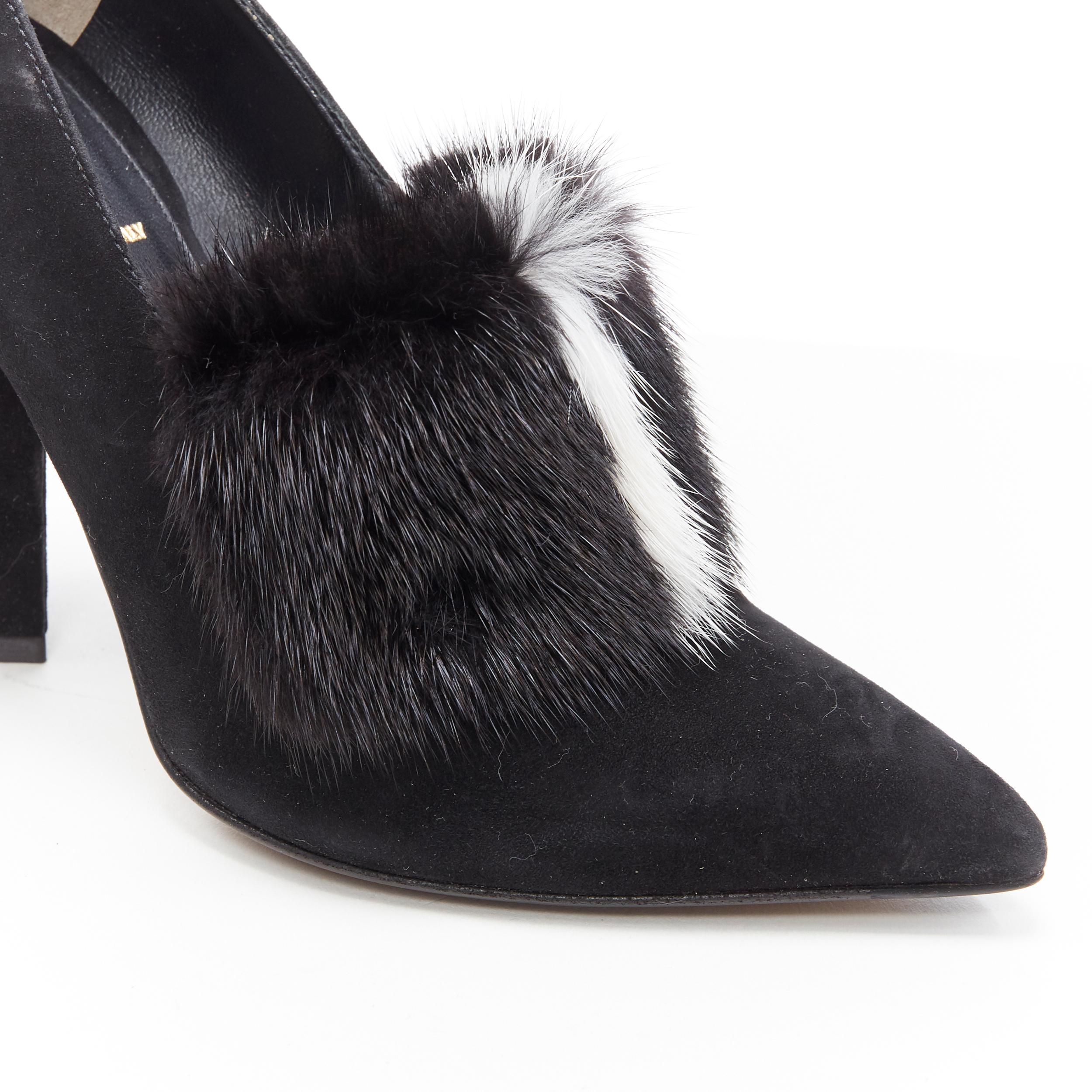 Women's FENDI black suede black white mink fur front point toe chunky heel pump EU37.5 For Sale