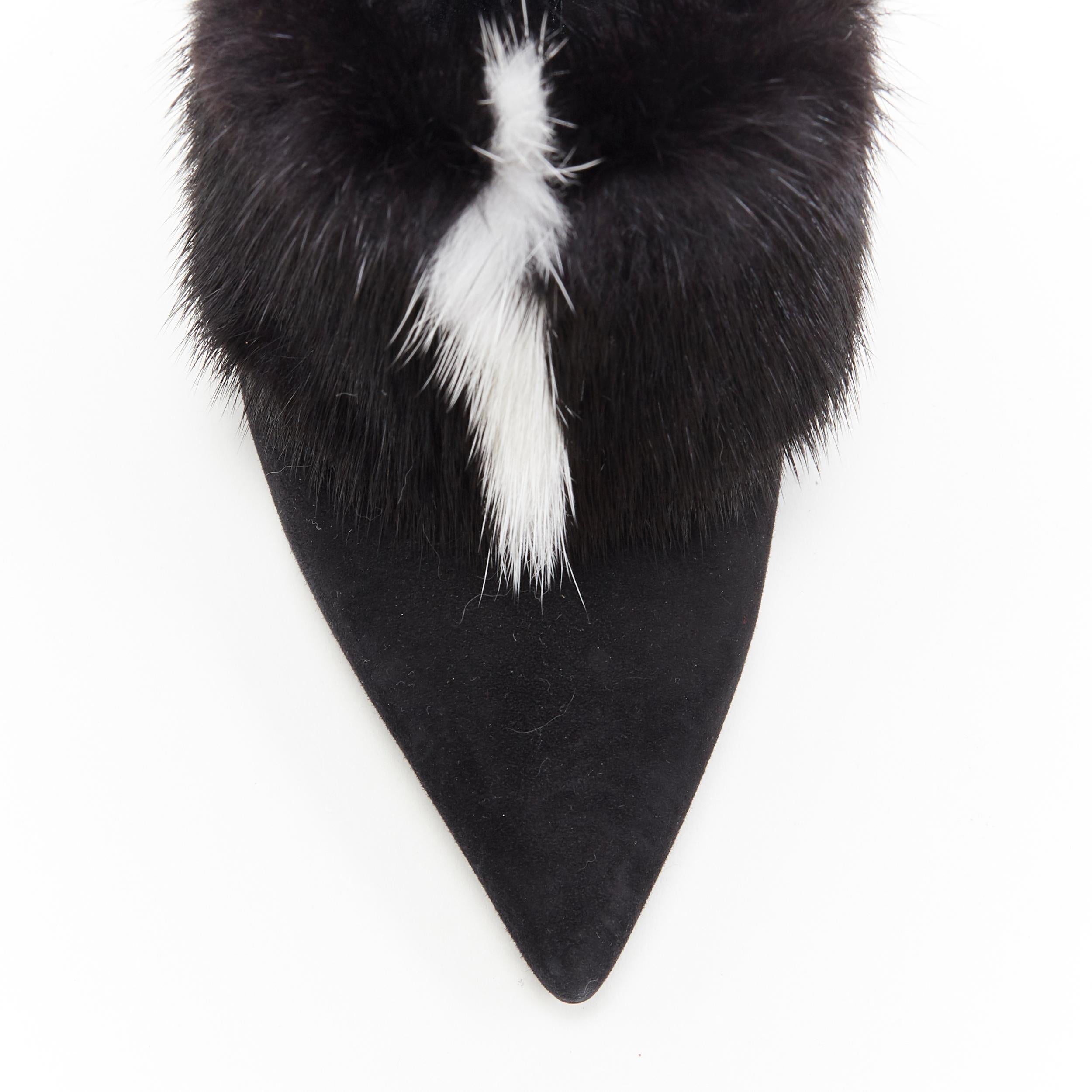 FENDI black suede black white mink fur front point toe chunky heel pump EU37.5 For Sale 2