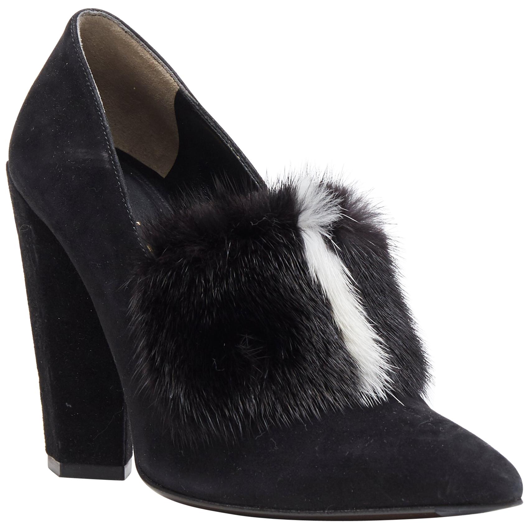 FENDI black suede black white mink fur front point toe chunky heel pump EU37.5 For Sale