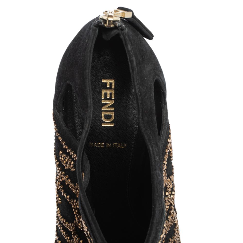 Fendi Black Suede Crystal Embellished Platform Ankle Booties Size 38.5 1
