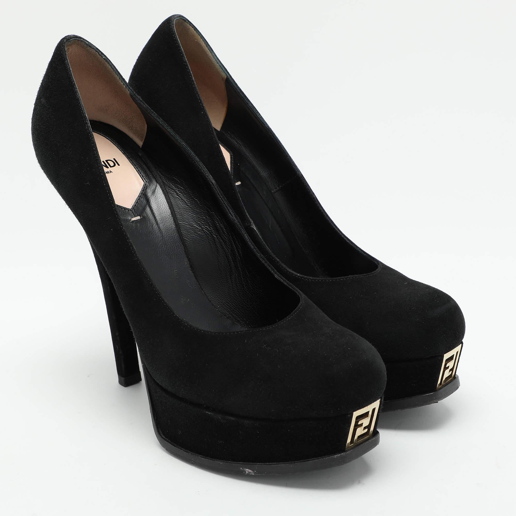 Women's Fendi Black Suede Fendista Platform Pumps Size 39 For Sale