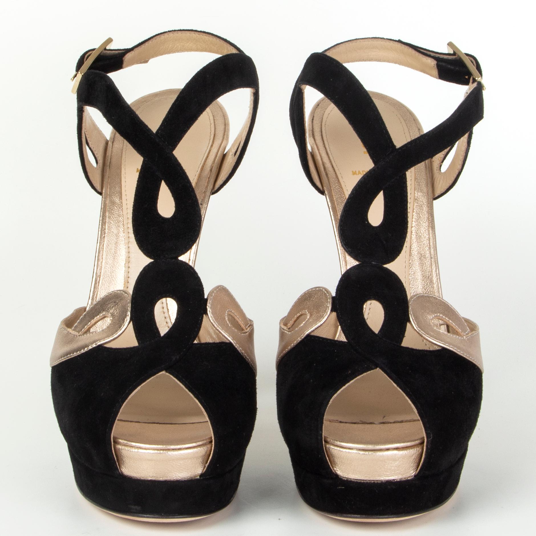 100% authentic Fendi platform sandals in black suede and metallic light-gold calfskin. Have been worn once and are in excellent condition. 

Measurements
Imprinted Size	39
Shoe Size	39
Inside Sole	25cm (9.8in)
Width	7.5cm (2.9in)
Heel	14cm