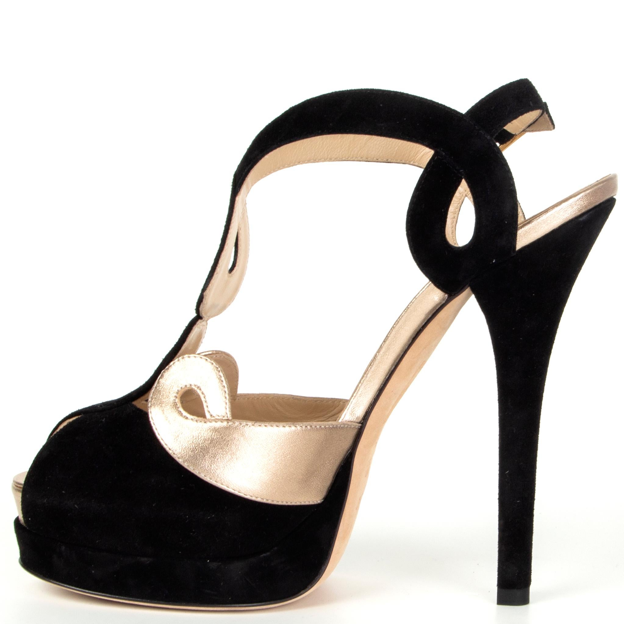 Black FENDI black suede & gold leather PEEP-TOE PLATFORM Slingbacks Shoes 39 For Sale