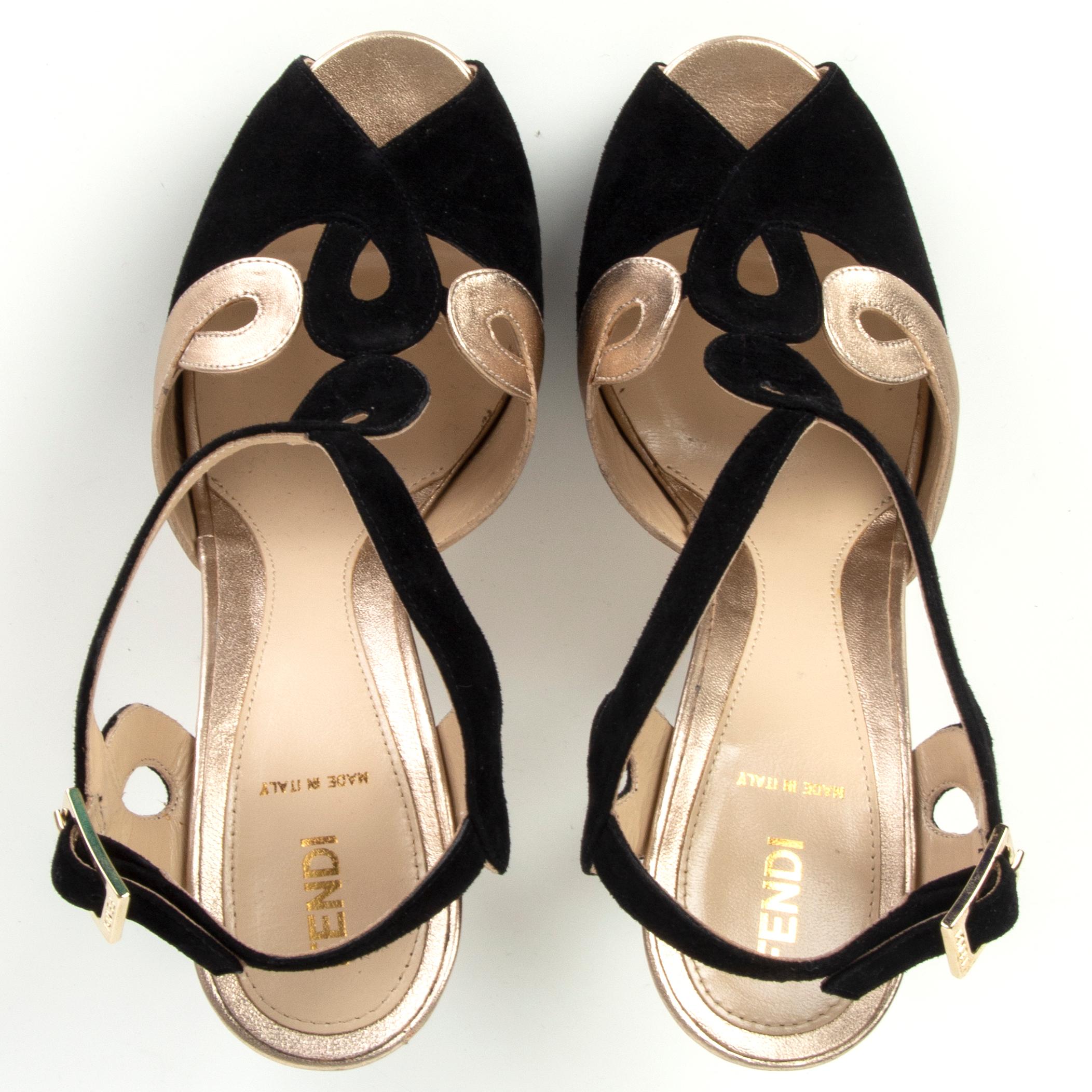Women's FENDI black suede & gold leather PEEP-TOE PLATFORM Slingbacks Shoes 39 For Sale