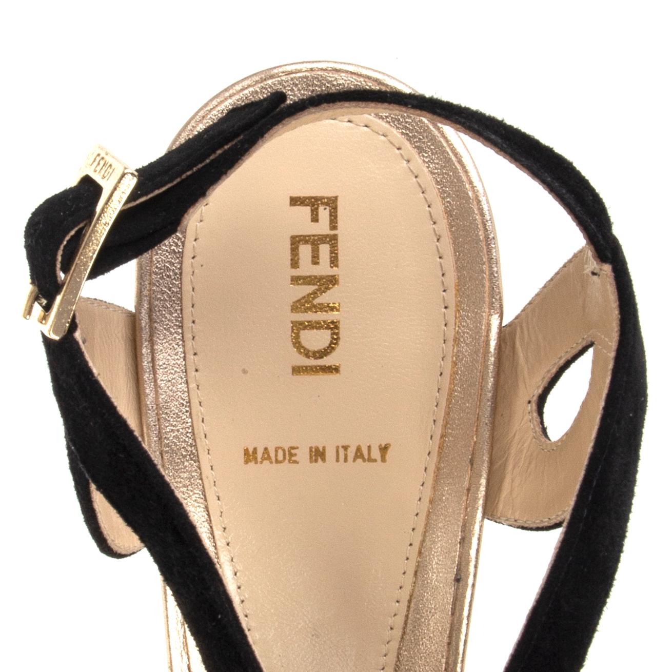 FENDI black suede & gold leather PEEP-TOE PLATFORM Slingbacks Shoes 39 For Sale 1