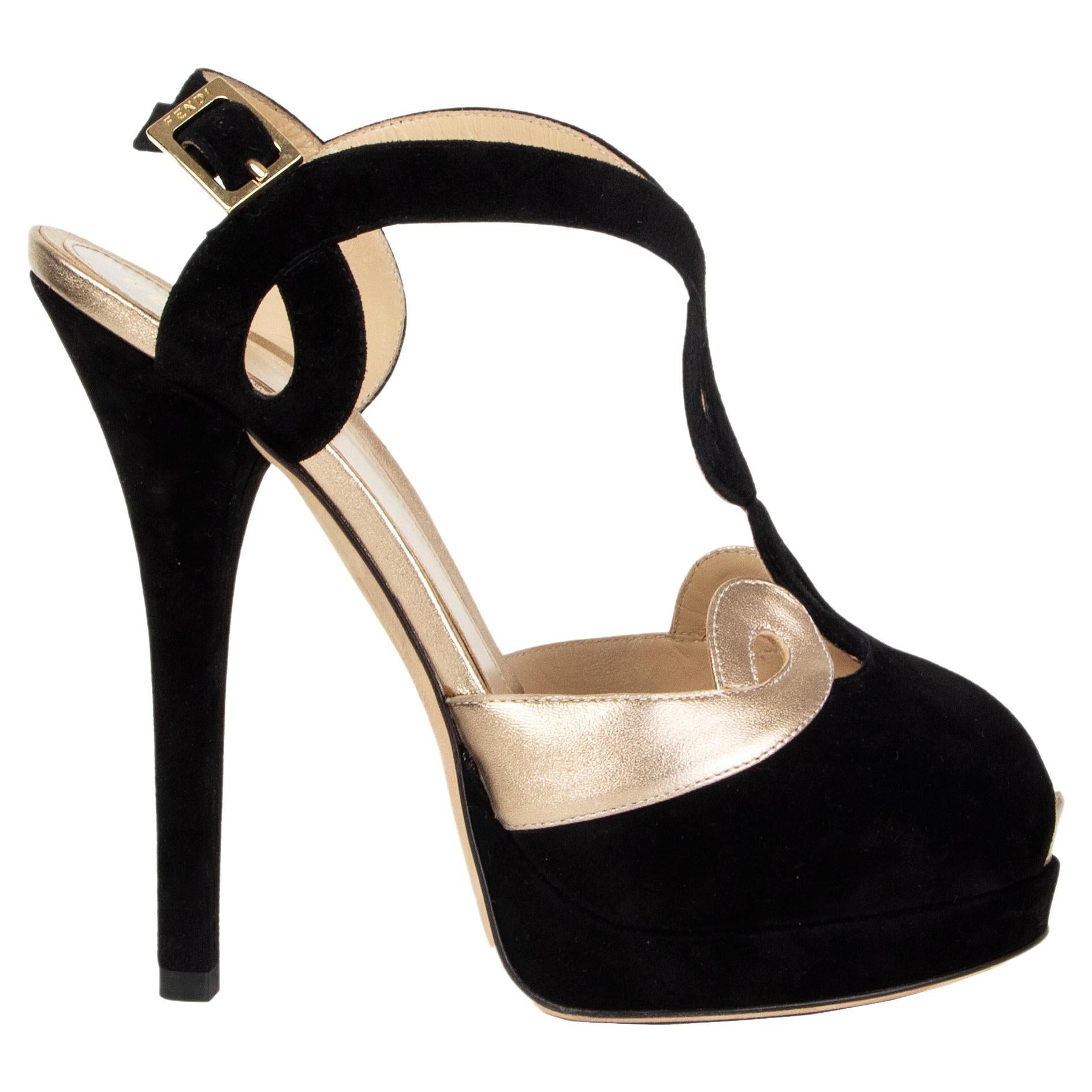 FENDI black suede & gold leather PEEP-TOE PLATFORM Slingbacks Shoes 39 For Sale