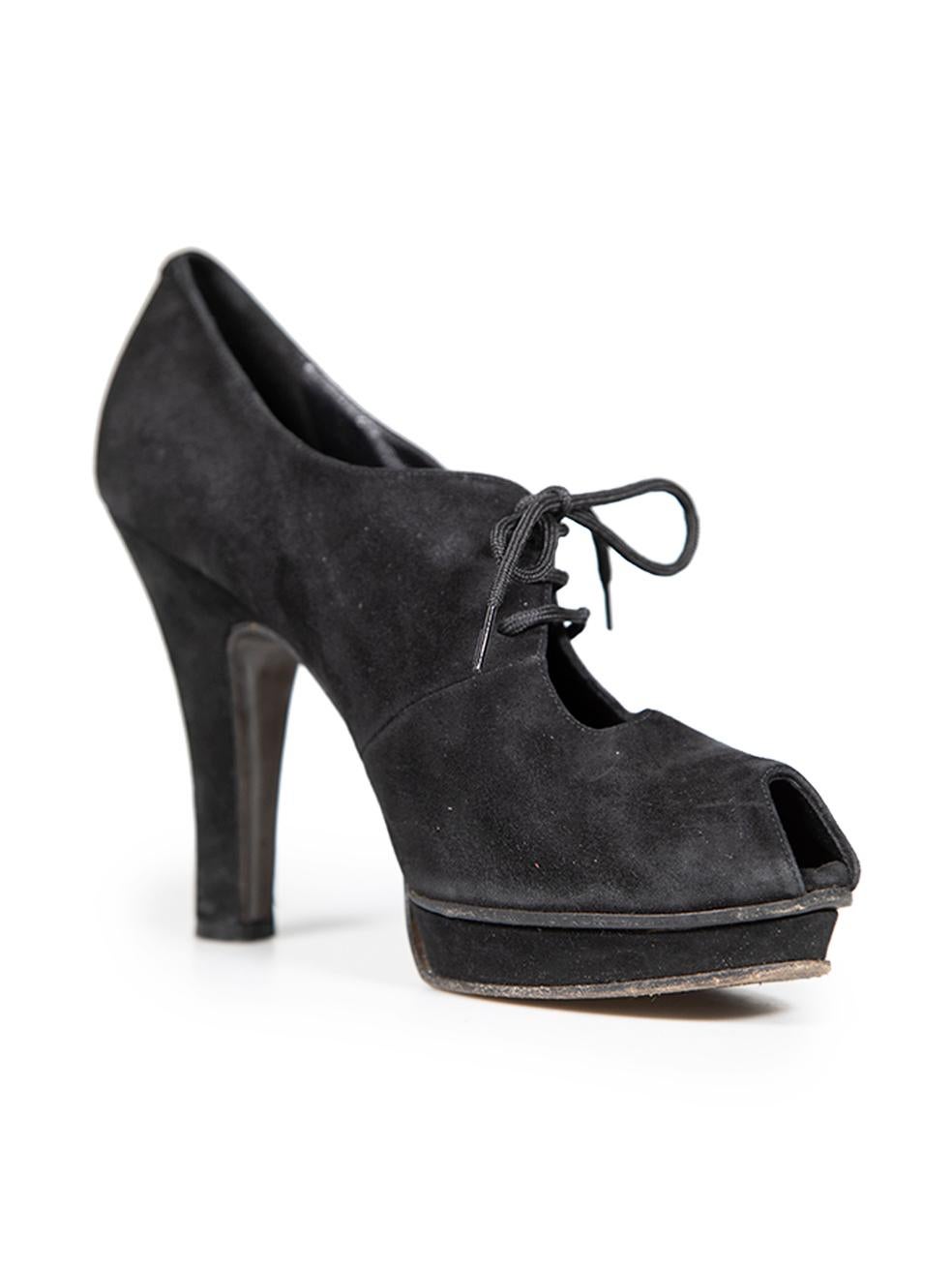 CONDITION is Good. Minor wear to heels is evident. Light signs of abrasion to both heels, suede tongues and along the edge of the front toe box. An indent is seen to the heel of left shoe on this used Fendi designer resale item.
  
  Details
  
  
 