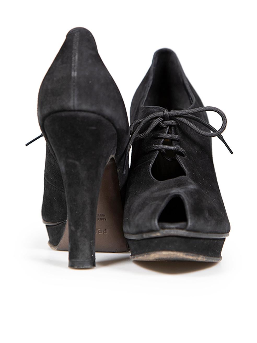 Fendi Black Suede Lace Up Peep Toe Heels Size IT 39 In Good Condition For Sale In London, GB