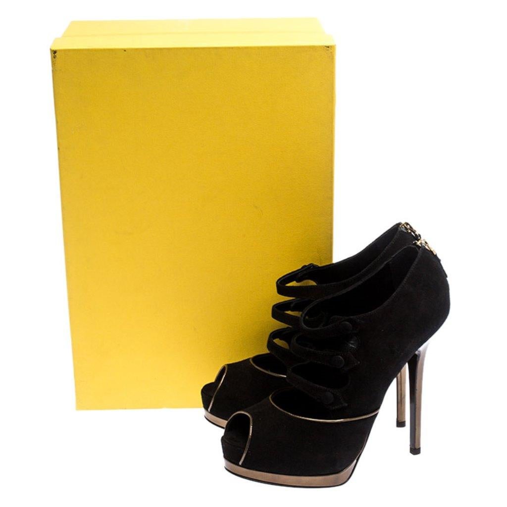 Fendi Black Suede Leather Victorian Peep Toe Platform Pumps Size 38 4