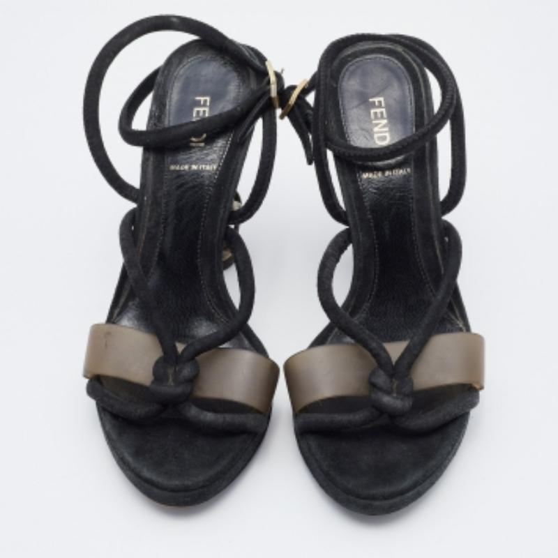 Fendi Black Suede Metal Caged Heel Ankle Strap Platform Sandals Size 37 In Good Condition In Dubai, Al Qouz 2