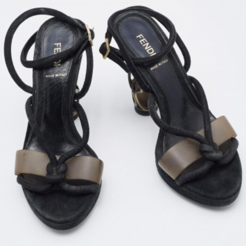 Women's Fendi Black Suede Metal Caged Heel Ankle Strap Platform Sandals Size 37