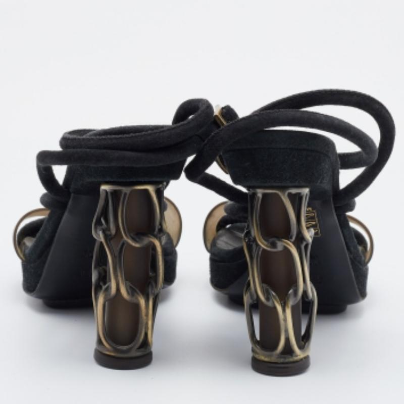 Fendi Black Suede Metal Caged Heel Ankle Strap Platform Sandals Size 37 2