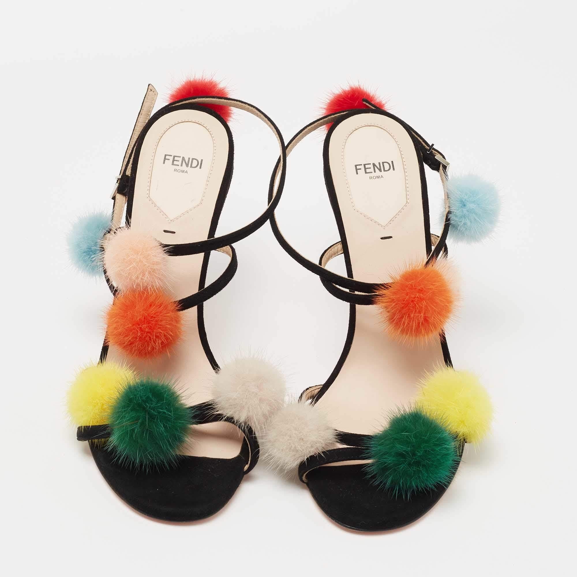 Beige Fendi Black Suede Mink Fur Pompoms Ankle Strap Sandals Size 39