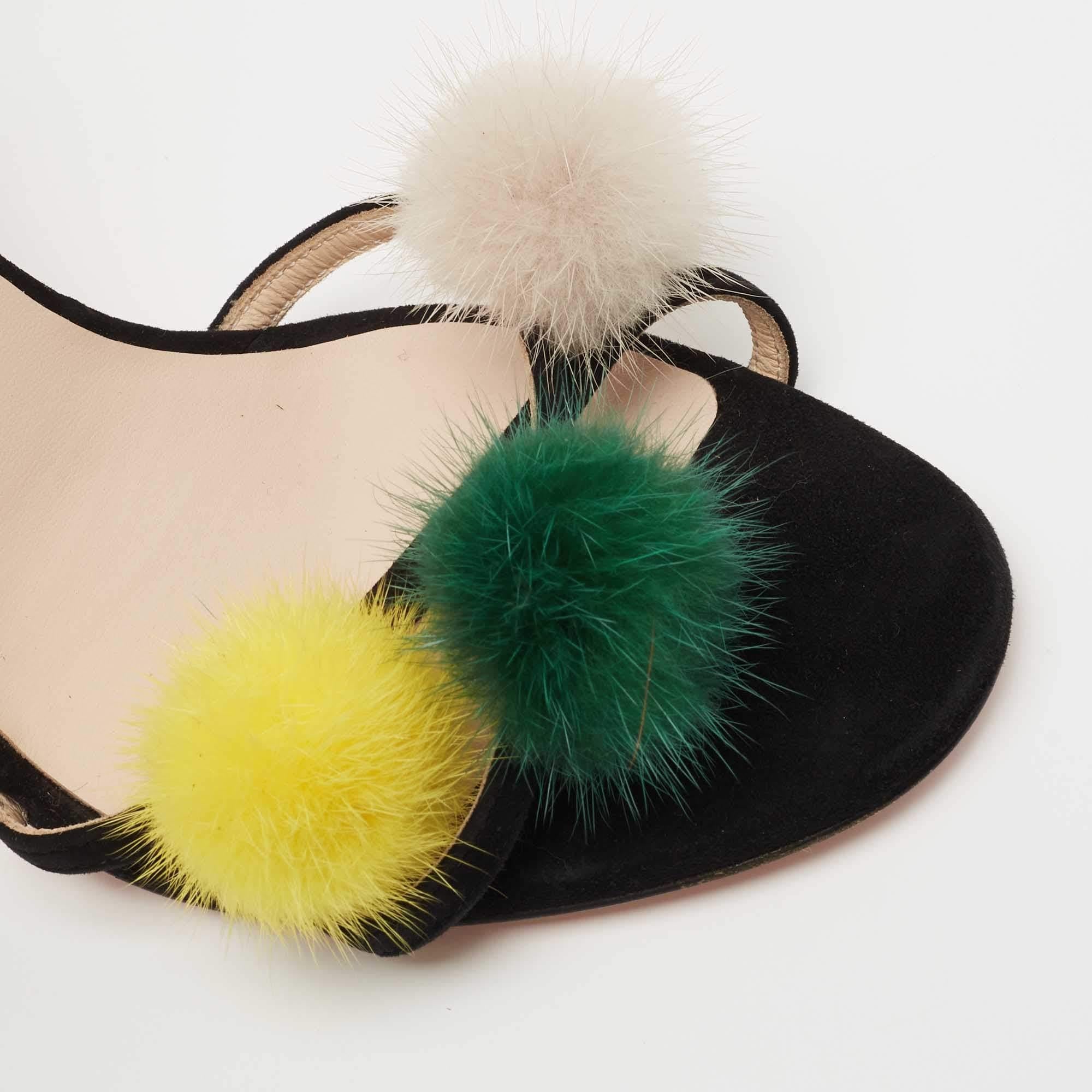 Women's Fendi Black Suede Mink Fur Pompoms Ankle Strap Sandals Size 39 For Sale