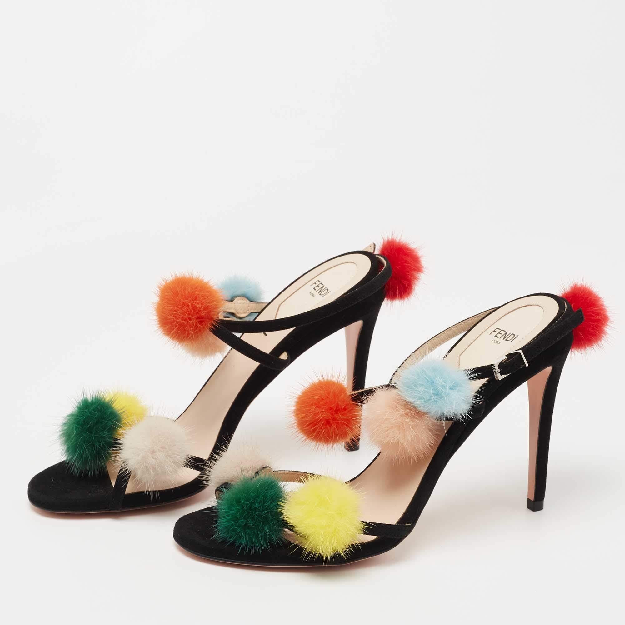 Fendi Black Suede Mink Fur Pompoms Ankle Strap Sandals Size 39 For Sale 2