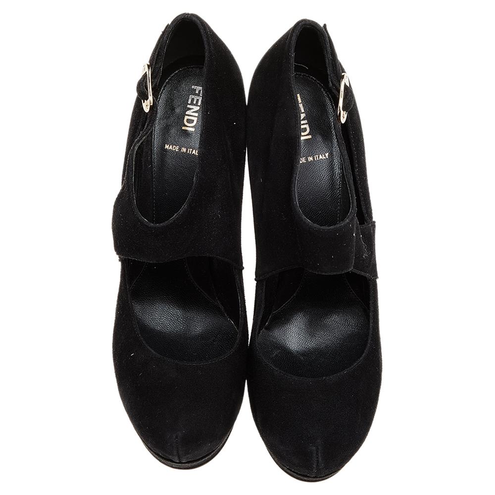 Women's Fendi Black Suede Platform Ankle Strap Pumps Size 39.5 For Sale