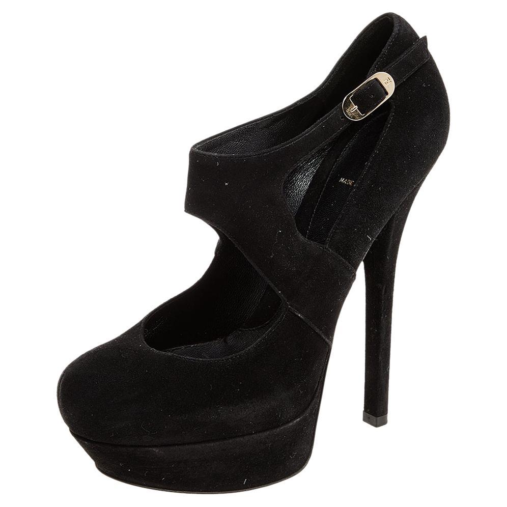 Fendi Black Suede Platform Ankle Strap Pumps Size 39.5 For Sale