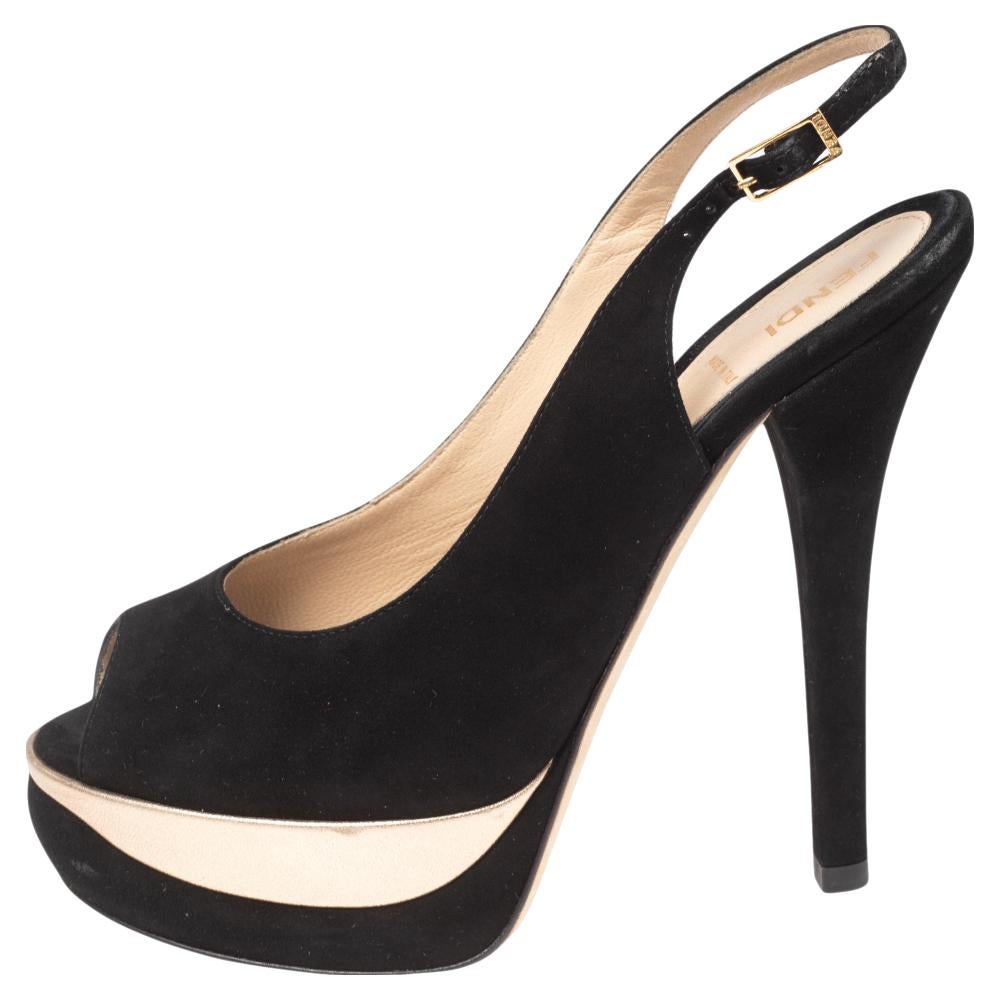 Fendi Black Suede Platform Slingback Sandals Size 38.5 In Good Condition For Sale In Dubai, Al Qouz 2