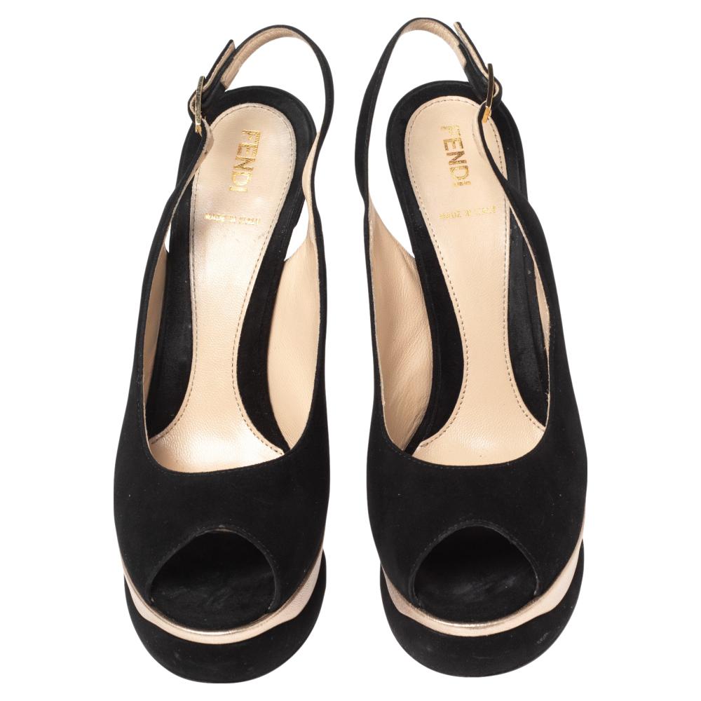 Fendi Black Suede Platform Slingback Sandals Size 38.5 For Sale 1