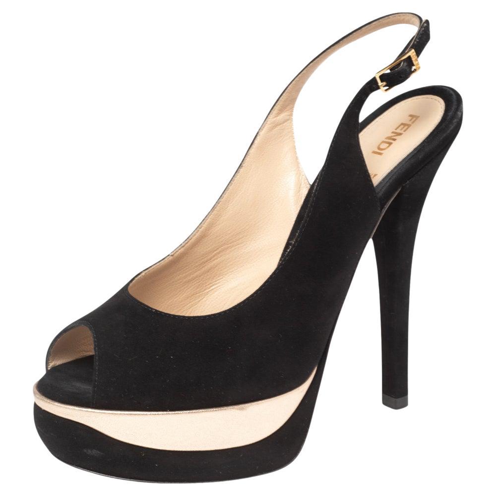 Fendi Black Suede Platform Slingback Sandals Size 38.5 For Sale