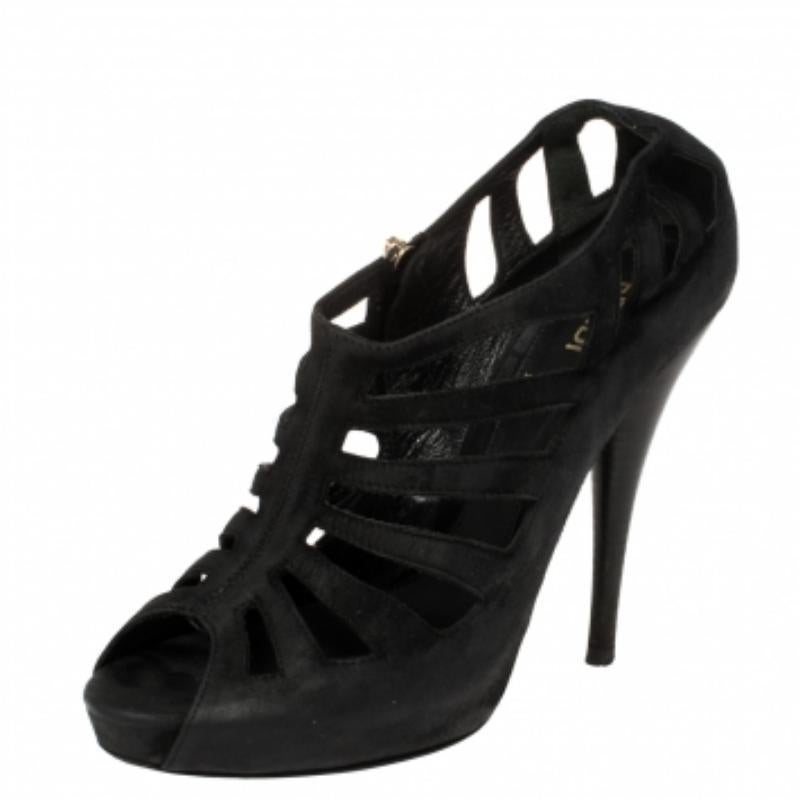 Fendi Black Suede Strappy Peep Toe Zipper Sandals Size 36 For Sale 3