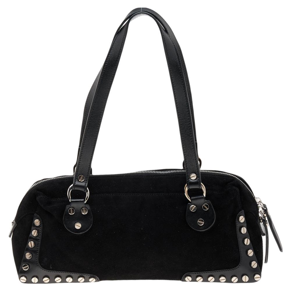 Women's Fendi Black Suede Studded Satchel