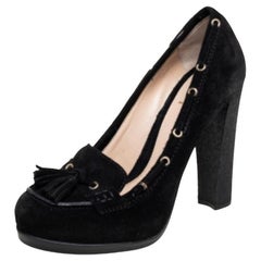 Fendi Black Suede Tassel Detail Loafer Pumps Size 37