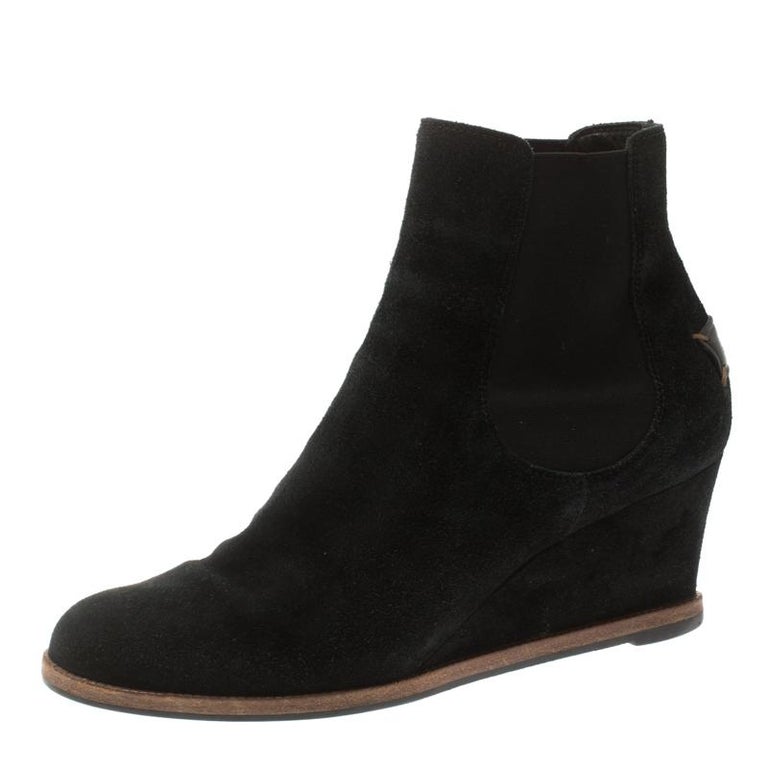 Fendi Black Suede Wedge Heel Ankle Boots Size 39 For Sale at 1stDibs