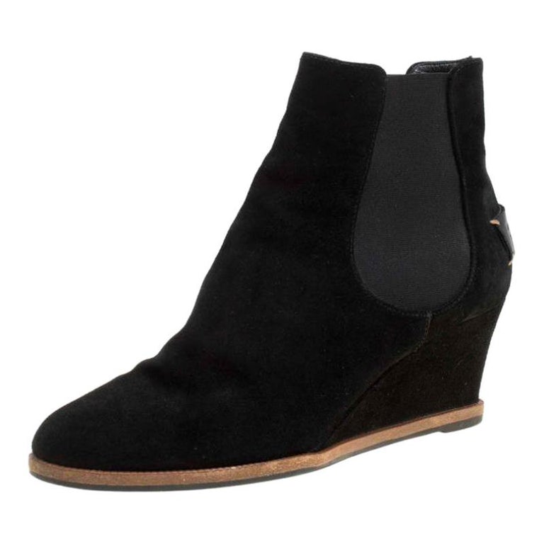 Fendi Black Suede Wedge Heel Ankle Boots Size 40 at 1stDibs