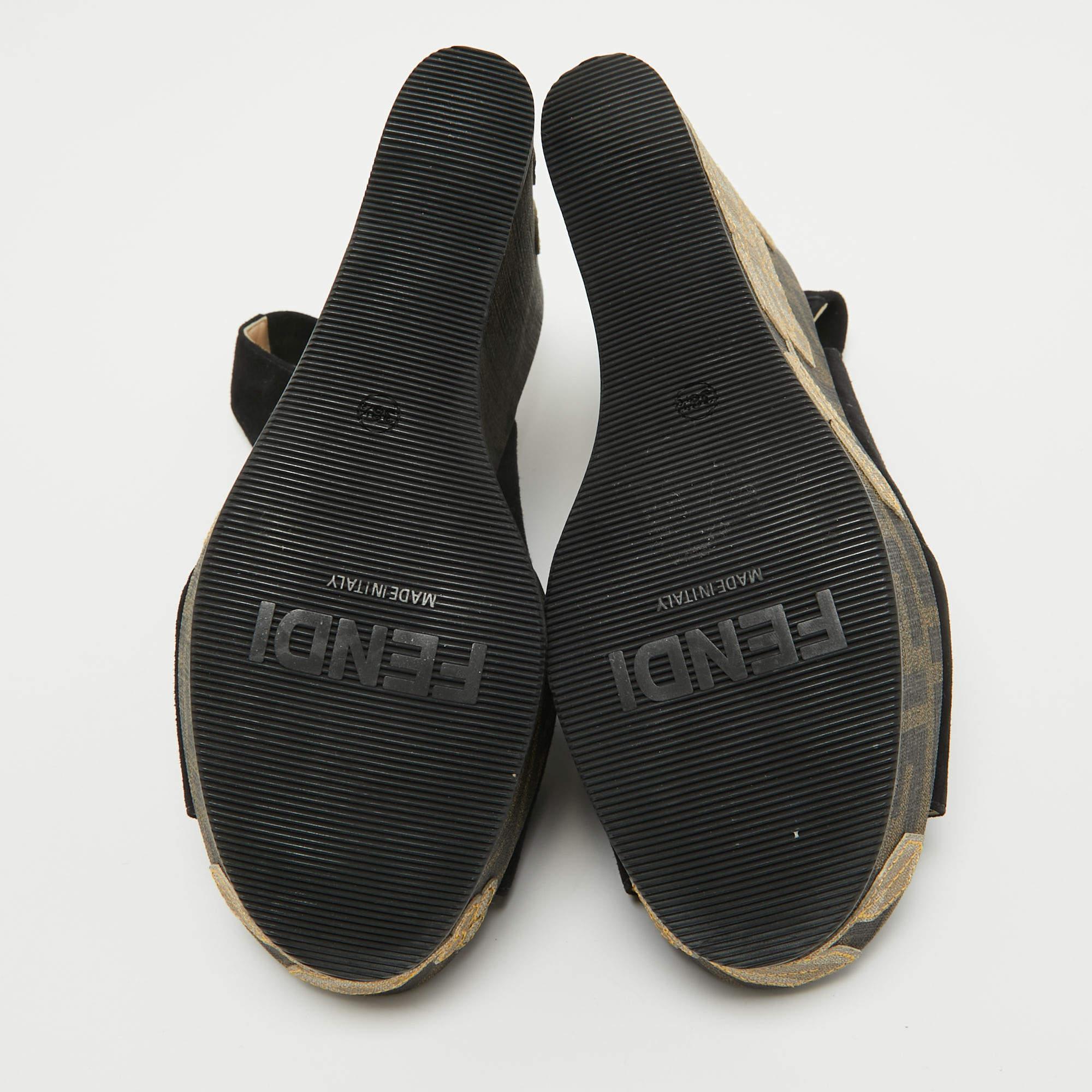 Women's Fendi Black Suede Zucca Appliqued Wedge Platform Slingback Sandals Size 38.5