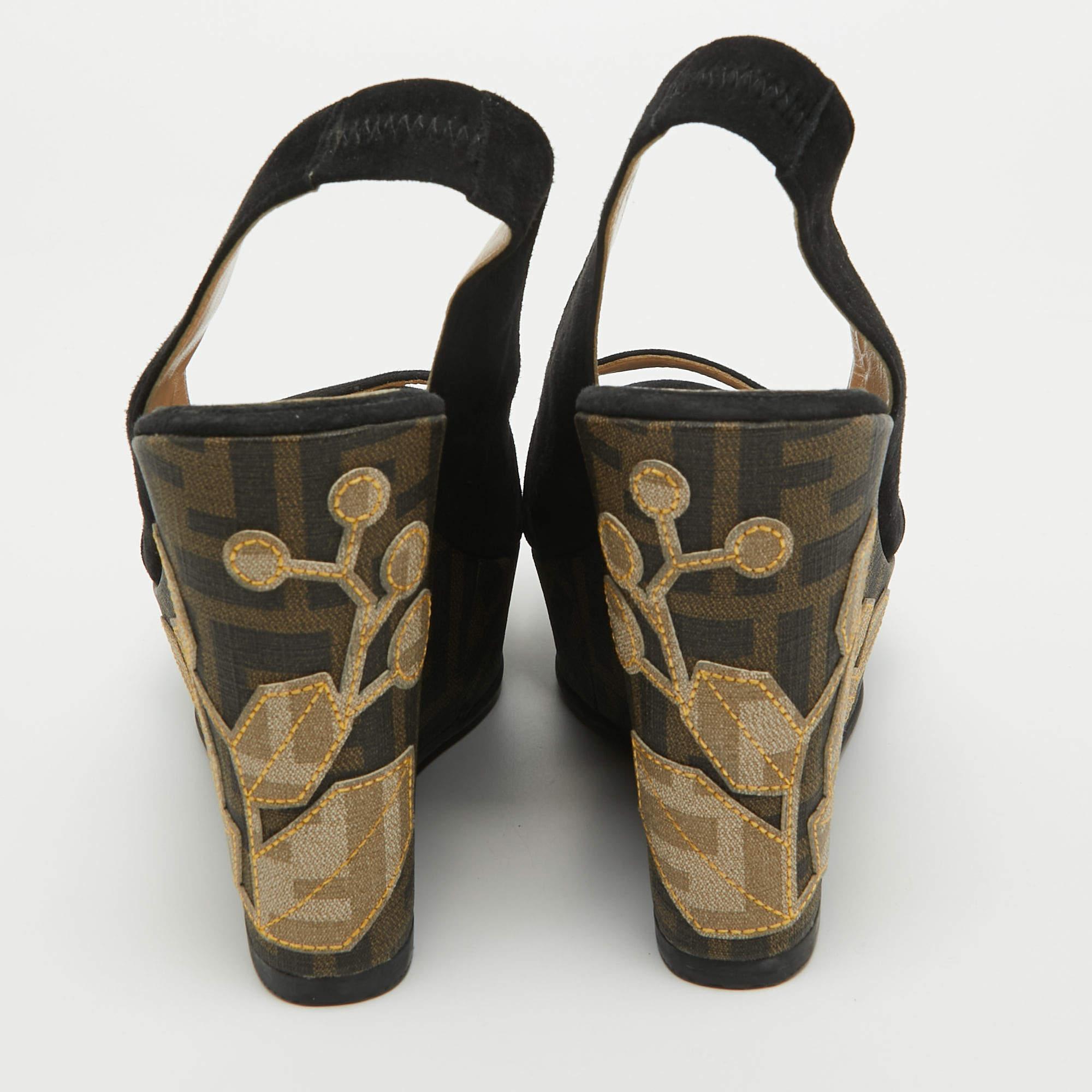 Fendi Black Suede Zucca Appliqued Wedge Platform Slingback Sandals Size 38.5 1