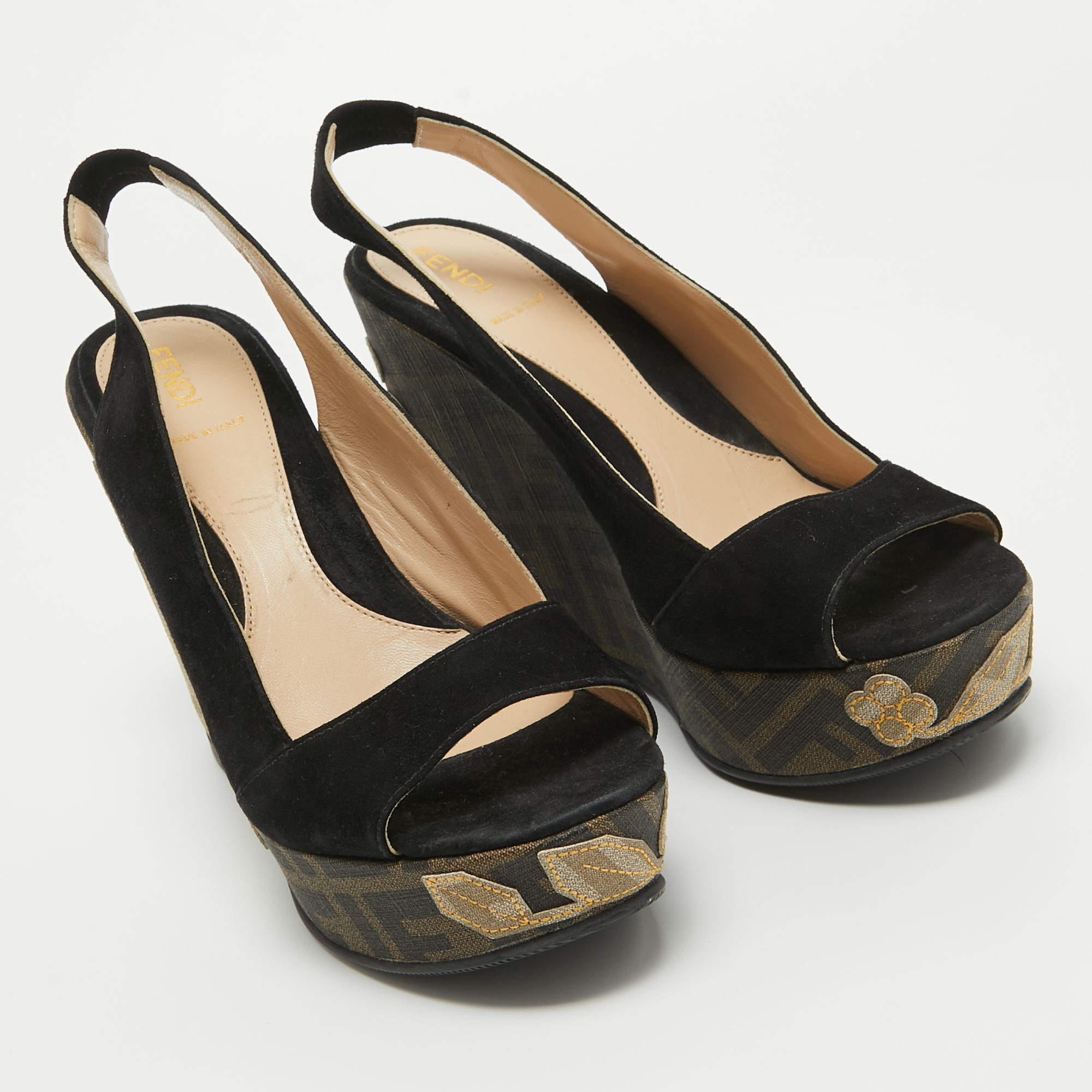 Fendi Black Suede Zucca Appliqued Wedge Platform Slingback Sandals Size 38.5 2