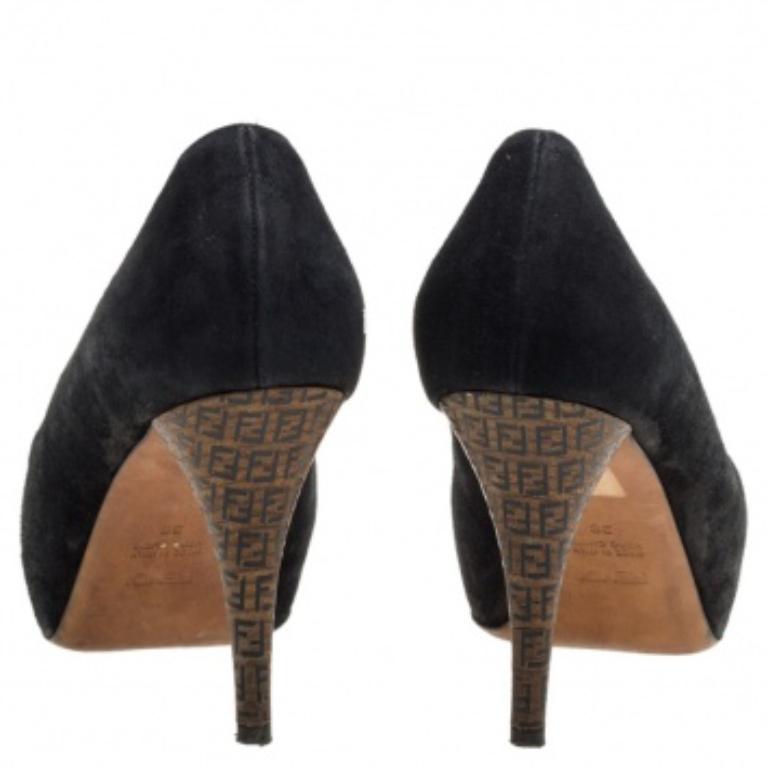 Women's Fendi Black Suede Zucca Heel Platform Pumps Size 38 For Sale