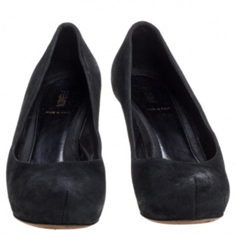 Fendi Black Suede Zucca Heel Platform Pumps Size 38 For Sale 1