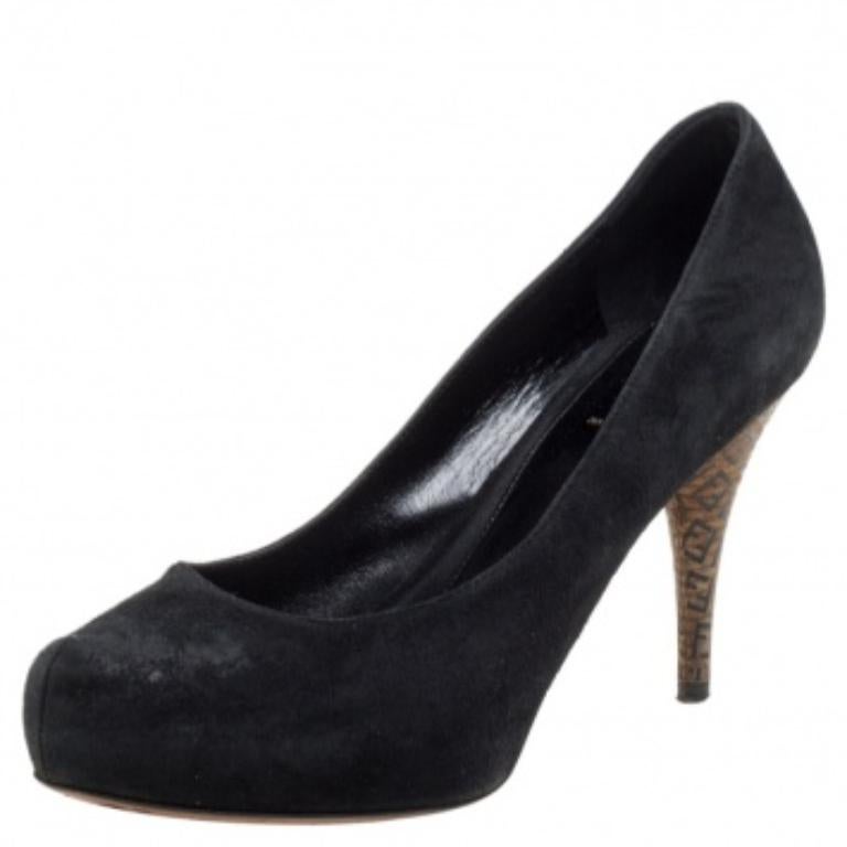 Fendi Black Suede Zucca Heel Platform Pumps Size 38 For Sale 3