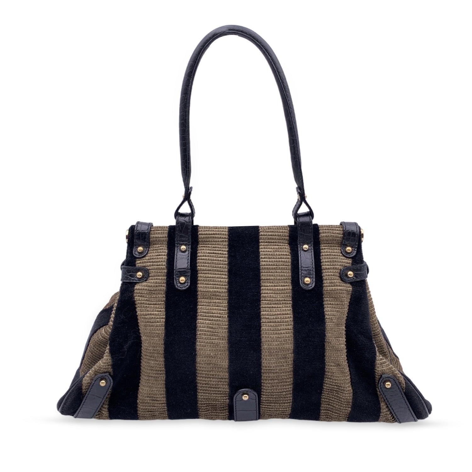 Fendi Black Tan Pequin Magic Striped Velvet Top Handle Bag Handbag In Excellent Condition In Rome, Rome