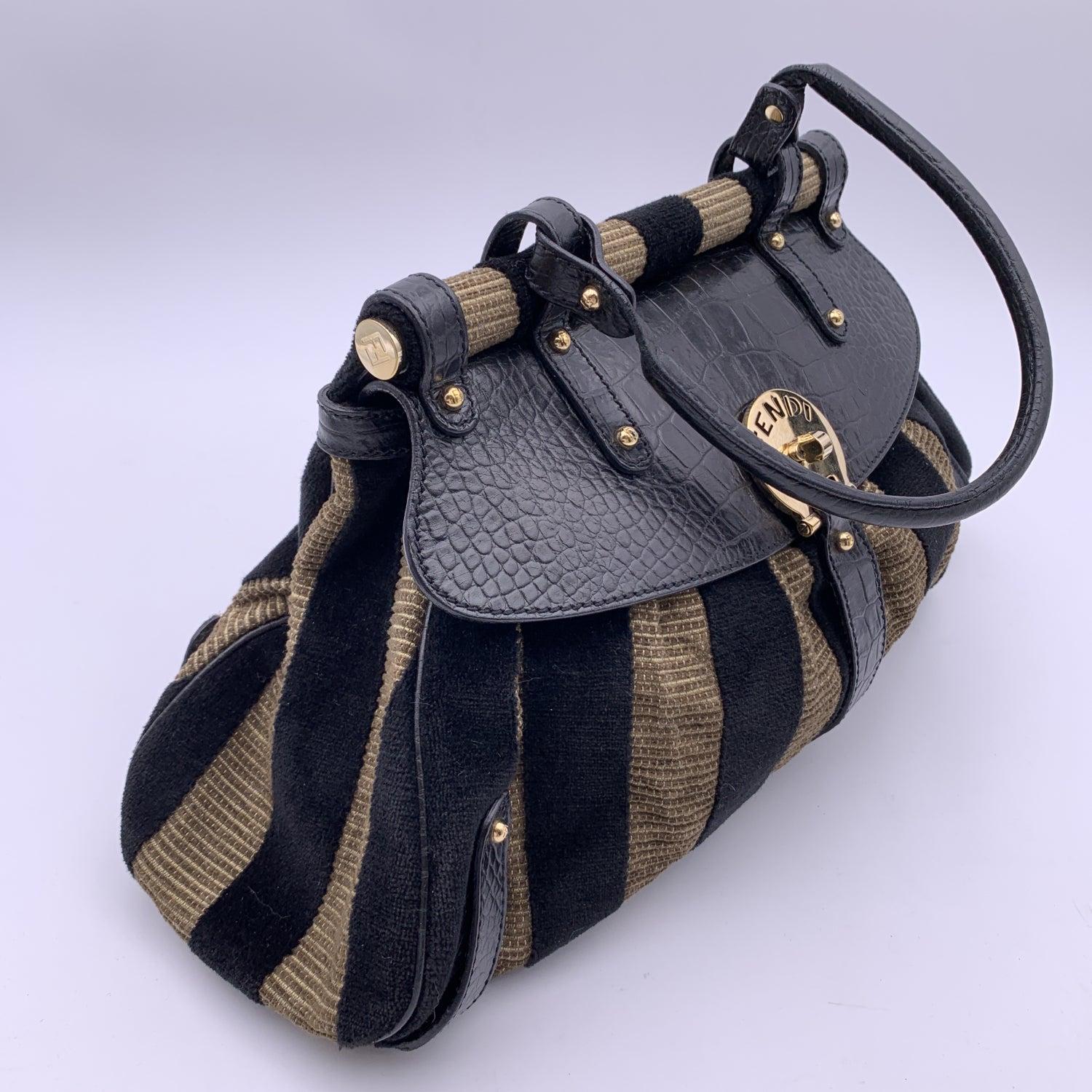 Women's Fendi Black Tan Pequin Magic Striped Velvet Top Handle Bag Handbag