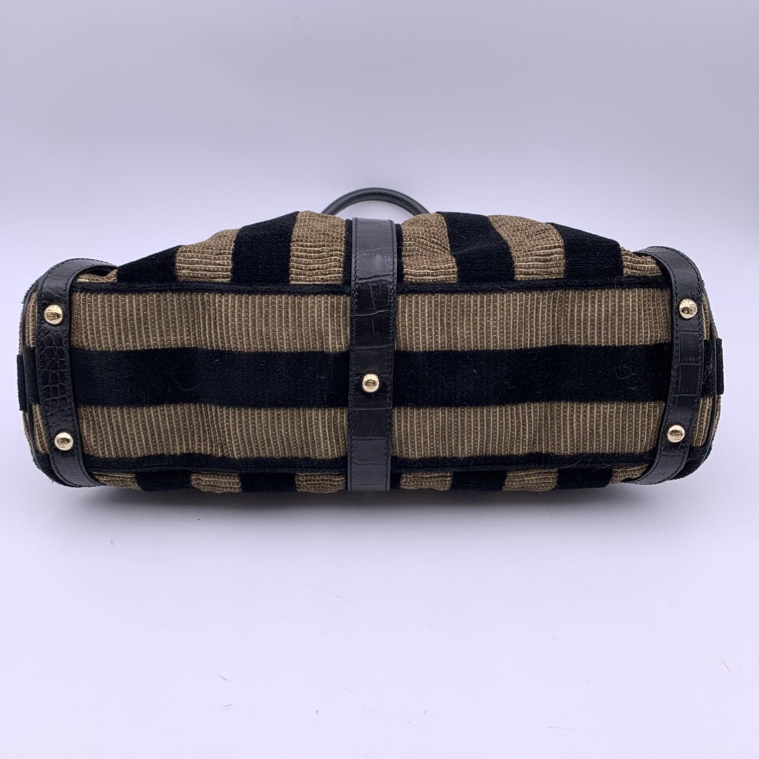 Fendi Black Tan Pequin Magic Striped Velvet Top Handle Bag Handbag 1