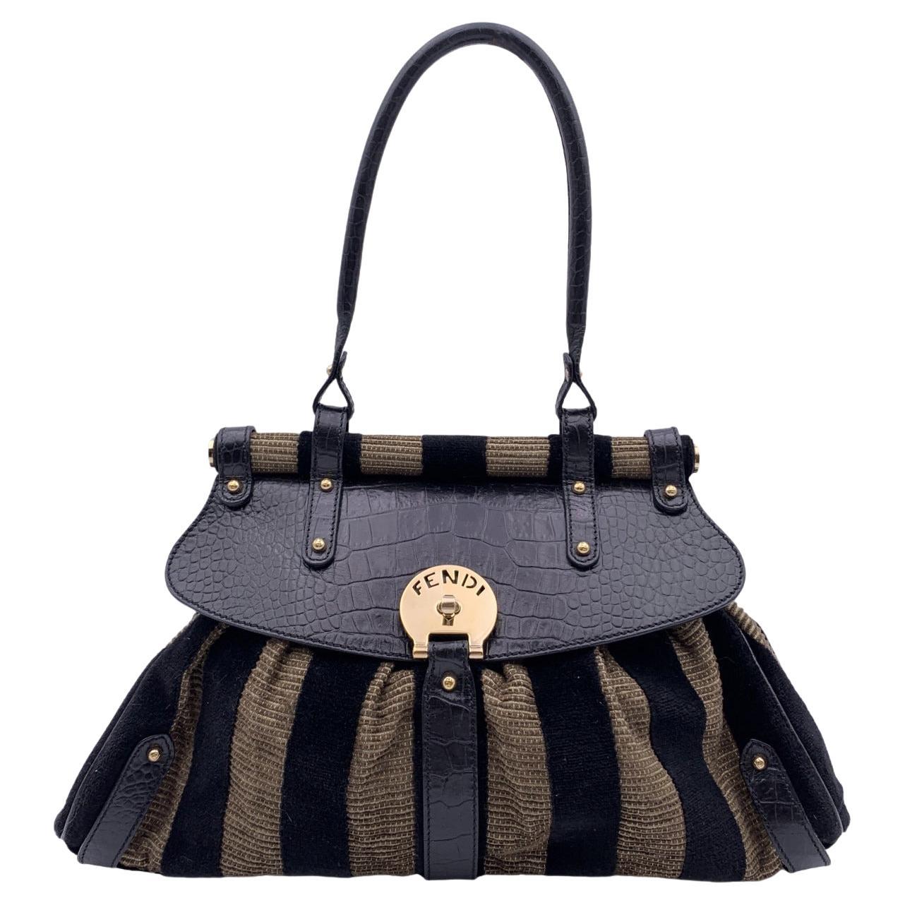 Fendi Black Tan Pequin Magic Striped Velvet Top Handle Bag Handbag