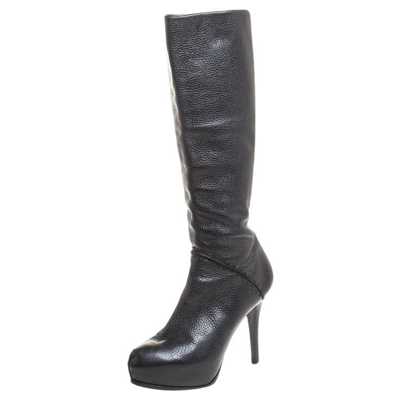 Fendi Black Textured Leather Mid Calf Platform Boots Size 38.5 For Sale
