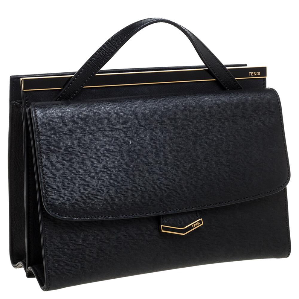 Fendi Black Textured Leather Small Demi Jour Top Handle Bag In Good Condition In Dubai, Al Qouz 2