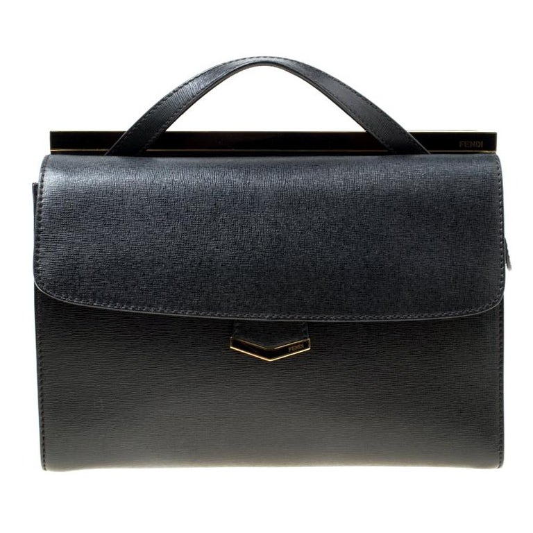 Fendi Black Textured Leather Small Demi Jour Top Handle Bag For Sale at