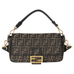 Fendi Black Tobacco Fabric FF 1974 Jacquard Canvas Medium Baguette Bag