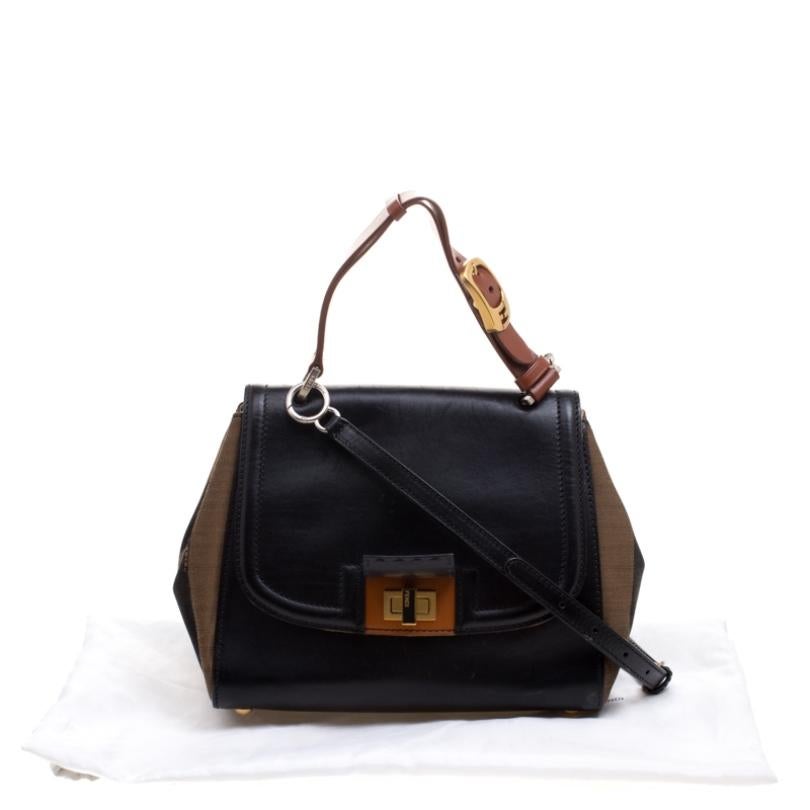 Fendi Black/Tobacco Leather and Pequin Canvas Silvana Top Handle Bag 10