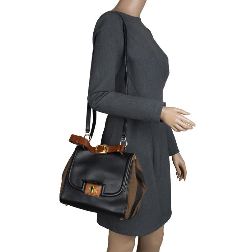 Fendi Black/Tobacco Leather and Pequin Canvas Silvana Top Handle Bag In Good Condition In Dubai, Al Qouz 2