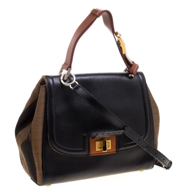 Women's Fendi Black/Tobacco Leather and Pequin Canvas Silvana Top Handle Bag