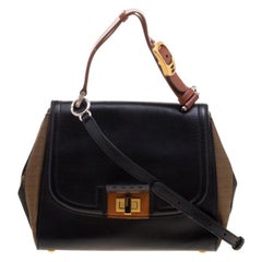 Fendi Black/Tobacco Leather and Pequin Canvas Silvana Top Handle Bag