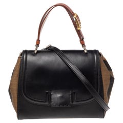 Fendi Black/Tobacco Penguin Stripe Canvas and Leather Silvana Top Handle Bag