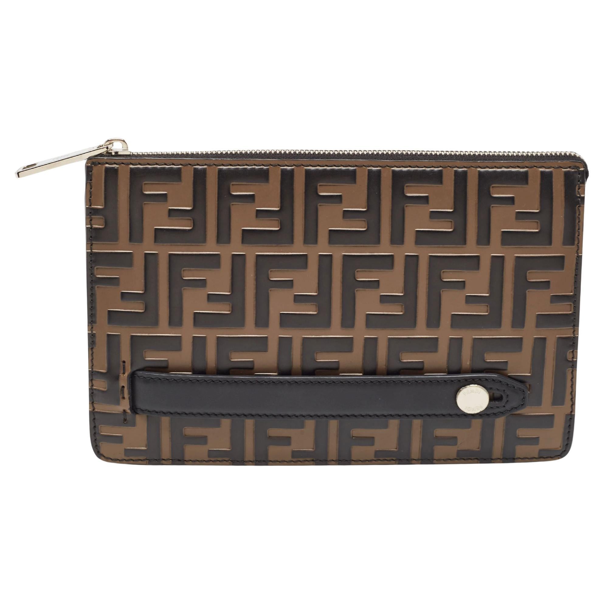 Fendi Black/Tobacco Zucca Embossed Leather Zip Pouch